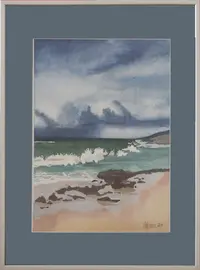 Vente, tableau, aquarelle, bord de mer sous un ciel orageux
